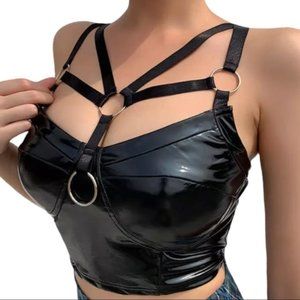 New Black Latex Bustier Zip Up Corset Top